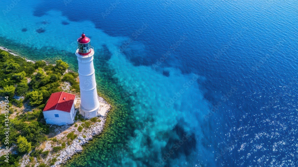 Aufkleber aerial view of a historic lighthouse standing proudly in the middle of the ocean surrounded by vibra
