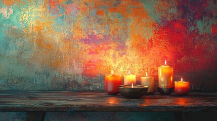 Lit candles sit on a wooden surface against an artful background