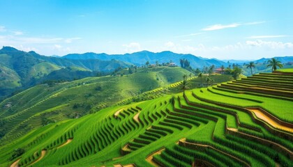Fototapeta premium Emerald rice terraces cascade down verdant hills under a clear sky, sustainable, vibrant
