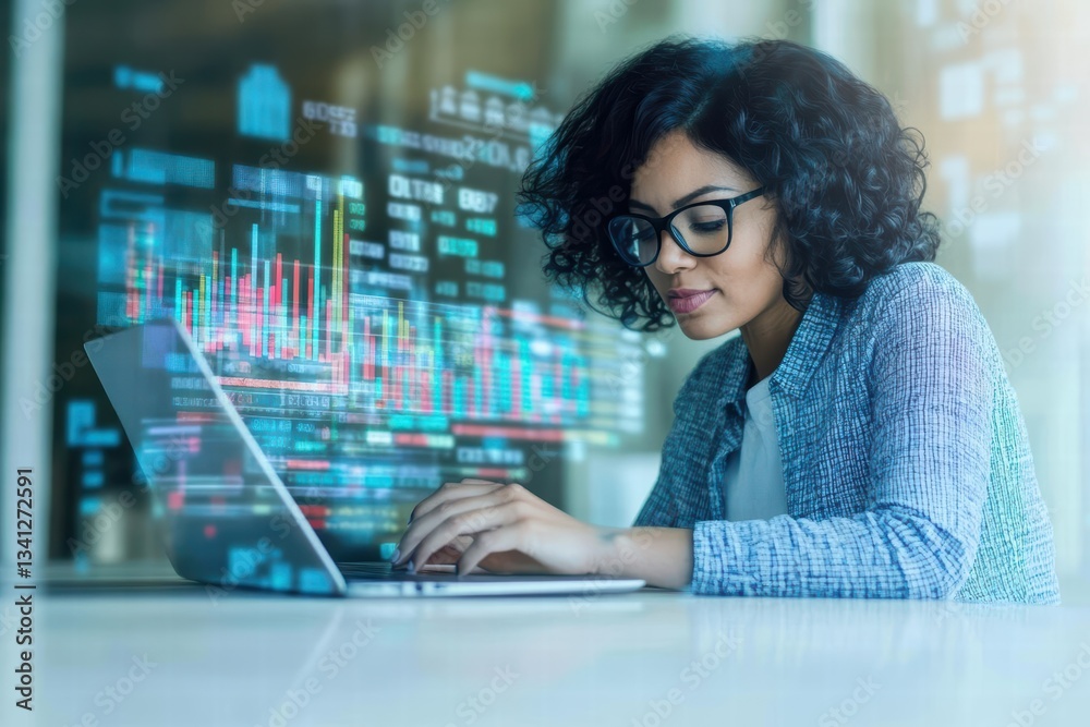 Aufkleber focused african american woman analyzing data on laptop computer while sitting at a modern office wo