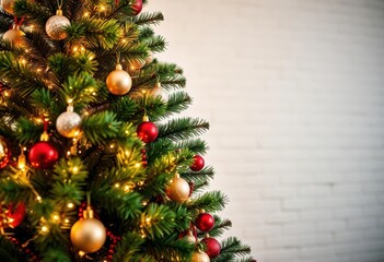 Ornate Christmas tree, twinkling lights, white brick backdrop, xmas, winter