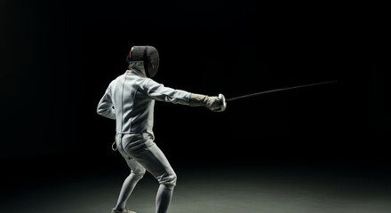 Male fencer in action: dynamic pose with foil in dark arena