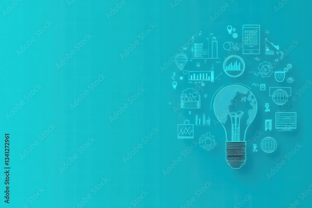 Poster Light bulb surrounded by various icons representing innovative ideas and concepts in a creative digital environment