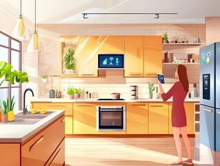 Bright and efficient smart home kitchen with digital automation controls and voice assistant technology  Featuring modern appliances sleek cabinetry