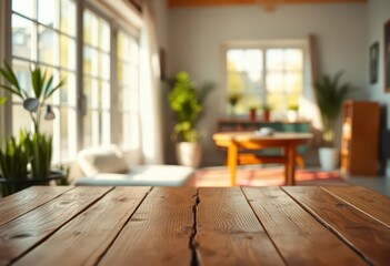 Empty wooden tabletop against blurred sunny room background,  home decor, light