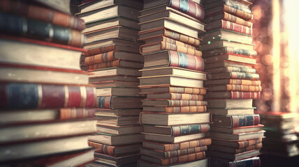 Obraz premium Stacks of vintage books with aged covers, showcasing depth and texture, representing knowledge, history, and literature, ideal for educational or library concepts