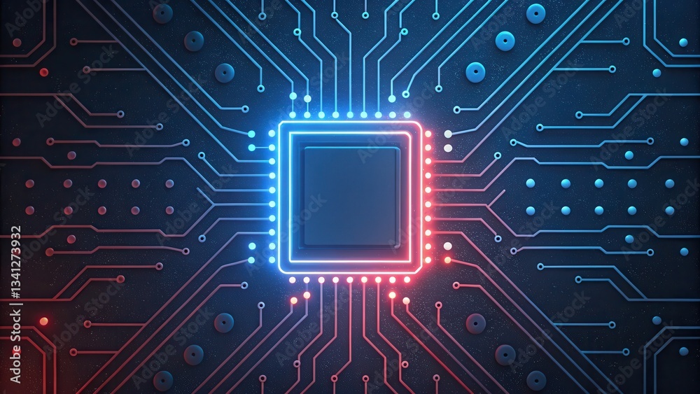 Fototapete abstract circuit board with a central processing unit glowing in blue and red hues.