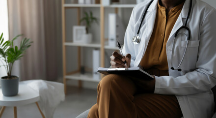 African female doctor writing notes in modern office setting
