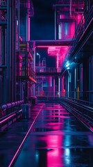 A vibrant industrial scene illuminated by neon lights, reflecting on wet surfaces.