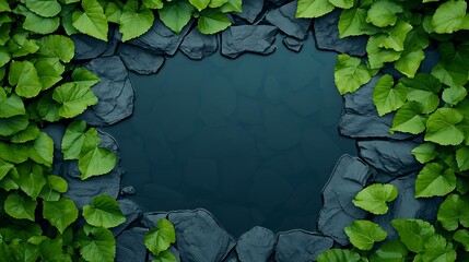 A serene, natural frame of green leaves and dark stones surrounds a calm, reflective surface of water.