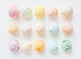 Colorful ice cream scoops arranged on white background