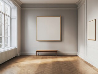 A large white framed picture hangs on the wall. A wooden bench is in front of the picture