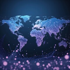 Fototapeta premium A depiction of a world map emphasizing social network connections through glowing dots and lines, showcasing a minimalist aesthetic with vibrant blue and purple hues