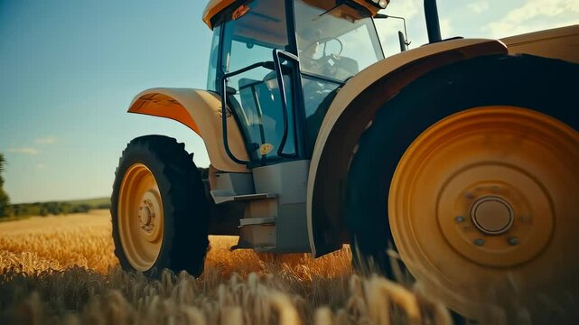 Tractor working in a wheat field, close-up, agriculture concept, farming lifestyle, for agricultural videos.