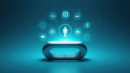 Fototapeta premium A wearable medical device demonstration, wristband-like device projecting health stats in holographic form, glowing cyan and white elements