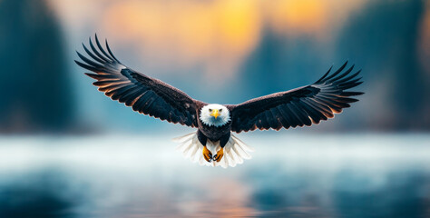 Obraz premium A stunning eagle gracefully glides through the air, wings fully extended, against a serene backdrop of soft hues. The golden hour illuminates the feathers, enhancing the scene of nature's beauty.