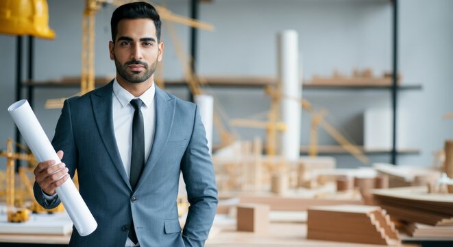 Confident young caucasian male architect holding blueprint in modern office