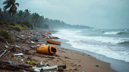 Playa contaminada con desechos y botes abandonados tras tormenta