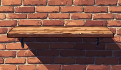 Obraz premium Empty wooden shelf against a brick wall