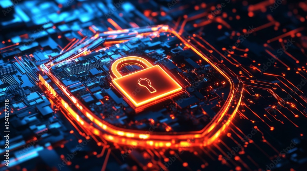 Fototapete A cyber shield with a glowing lock, protecting against hacking and data breaches.