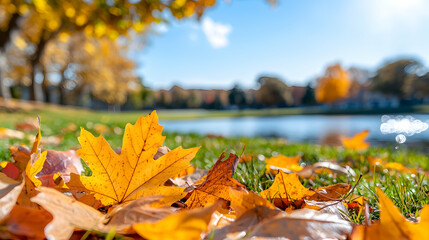 Golden Autumn Leaves on Grass Near a Pond