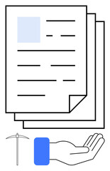 Stack of documents, pickaxe, and an open hand representing mining resources, agreements, and financial support. Ideal for mining, negotiation, labor support access sharing collaboration. Flat