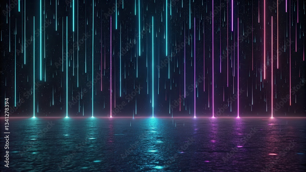 Fototapete Digital art of illuminated lines resembling rain against a dark background with a reflective surface.