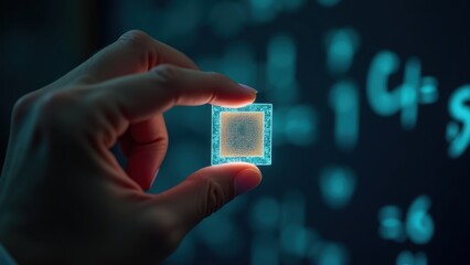 Close-up of a person hand holding a glowing qubit chip, blurred patterns of circuits on the surface of background, digital, technology concept