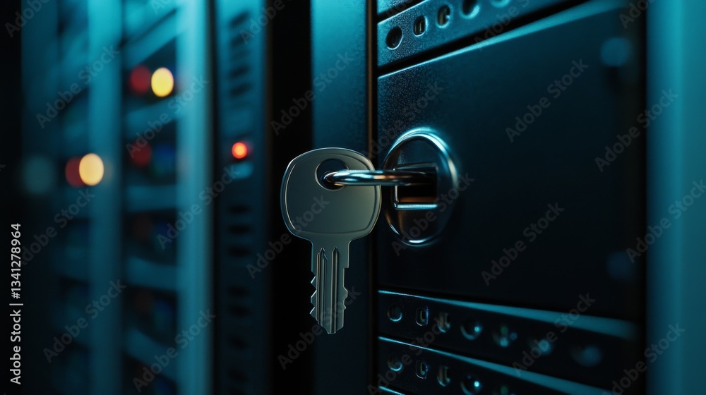 Fototapete A digital key unlocking a high-tech server room, symbolizing secure data access.