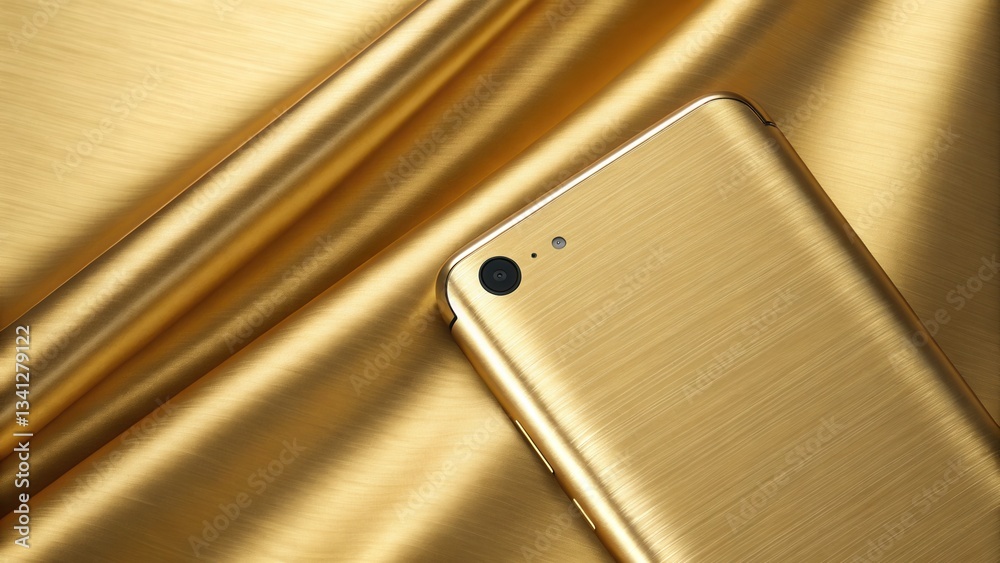 Poster golden smartphone resting on a shiny gold fabric backdrop.