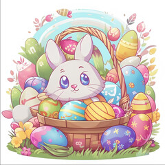 Easter bunny sitting in a basket with colorful eggs. Cartoon picture in pastel colors.