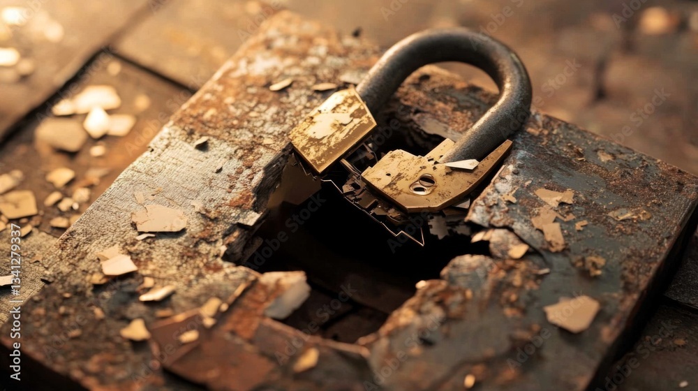 Poster A digital lock being broken by a cybercriminal, symbolizing security breaches and hacking.