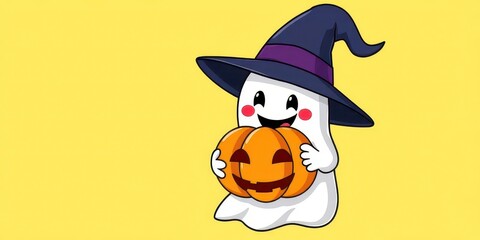 Friendly cartoon ghost in witch hat, holding a pumpkin Yellow background, halloween, yellow