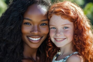 Obraz premium Interracial friendship: black woman and redhead child smiling together, concept of diversity