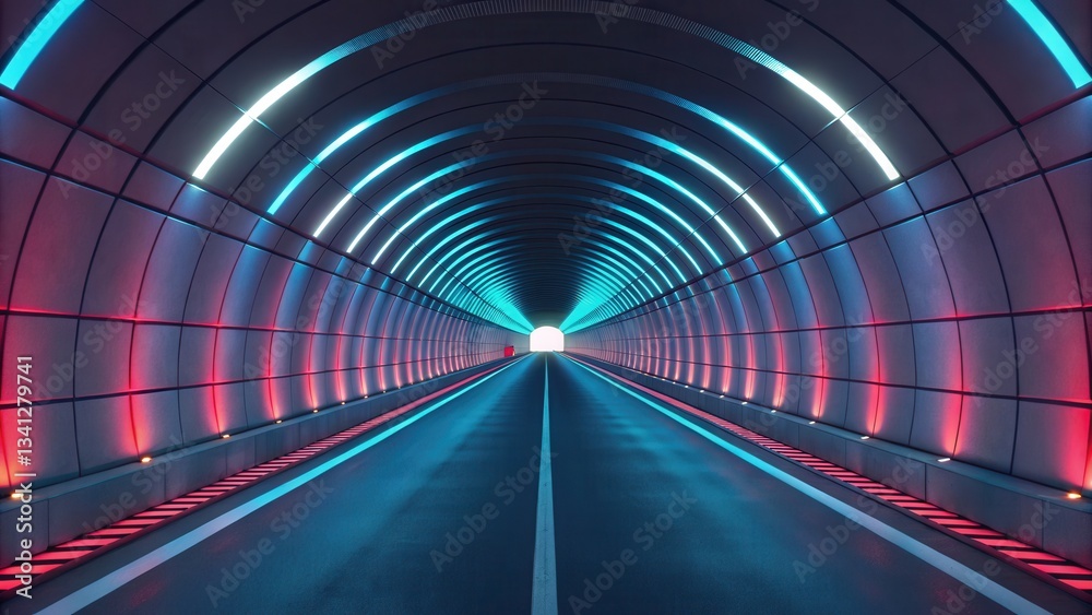Aufkleber futuristic tunnel with glowing lights leading to a bright exit.