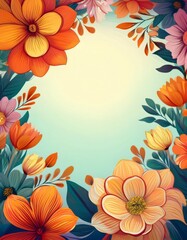 Colorful flowers creating a frame on a light blue background