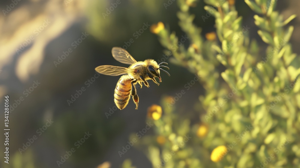 Poster A drone bee flying back to the hive with nectar, ready to contribute to the nest-building process.