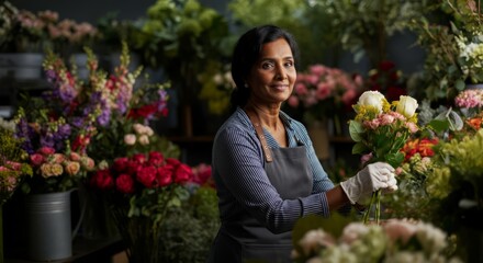 Fototapeta premium Mature asian female florist arranging colorful flowers in shop setting