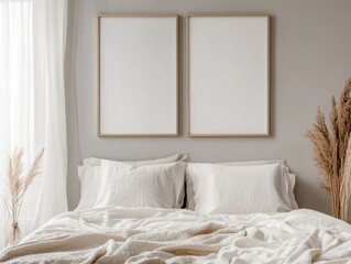 A bed with two white pillows and a white blanket is neatly made. The pillows are placed on the bed, one on the left side and the other on the right side. The blanket is spread out over the entire bed