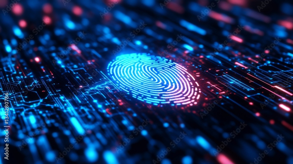 Fototapete a fingerprint scanner unlocking access to a high-security digital database with holographic effects.