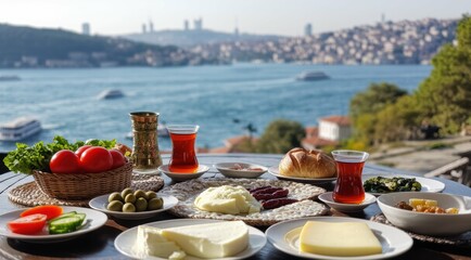 A scenic Turkish breakfast by the water with various foods.