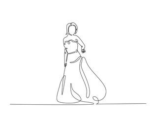 Continuous line art drawing of beautiful girl wearing flowing gown. Lady wearing long dress in one line drawing illustration. Editable stroke.