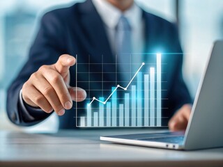 Economic risk impacted by interest and exchange rates concept. Business professional analyzing growth data on a laptop with a graph overlay.
