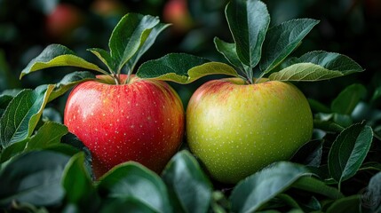 Obraz premium Two ripe apples, red and green, on branches in an orchard