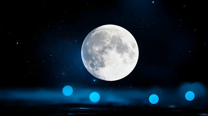 Full Moon in Dark Night Sky with Blue Lights