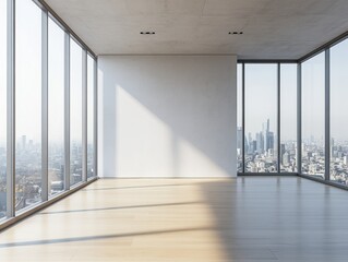 A large empty room with a white wall and wooden floors. The room has a large window that lets in a lot of light