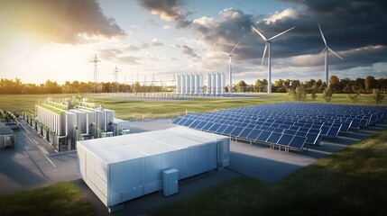  Modern Energy Storage Facility with Large Battery Containers, Solar Panels, and Wind Turbines Under Bright Sunlight