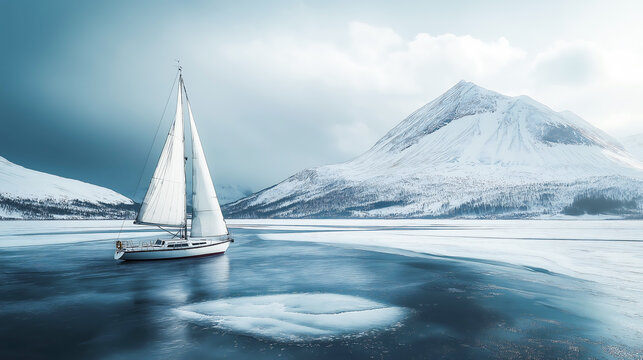 A sailboat floating on frozen lake and overcast sky, Serene winter landscape with snow capped mountain