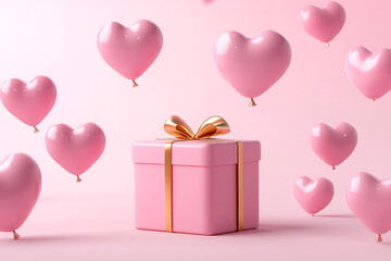 Pink gift box with gold ribbon and heart-shaped balloons, celebratory still life composition on soft pink background