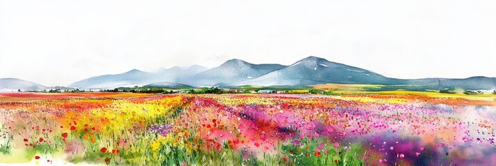 Naklejka premium Hokkaido Watercolor Flower Fields: A Colorful Panorama - Vibrant wildflowers bloom across a vast field, mountains in the background creating a serene and colorful landscape. Symbolizing beauty